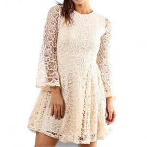 Du Jour Beige Lace-Overlay A-Line Dress, size small